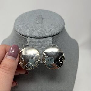 Vintage Large Round Silver Tone Clip On Earrings with Floral Design Simple